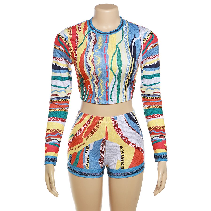 Peeqi K23S34425 Colorful Panelled Print Full Sleeve Crop Tees+Slim Shorts 2 Piece Set Women Coordinate Autumn Women's Sets