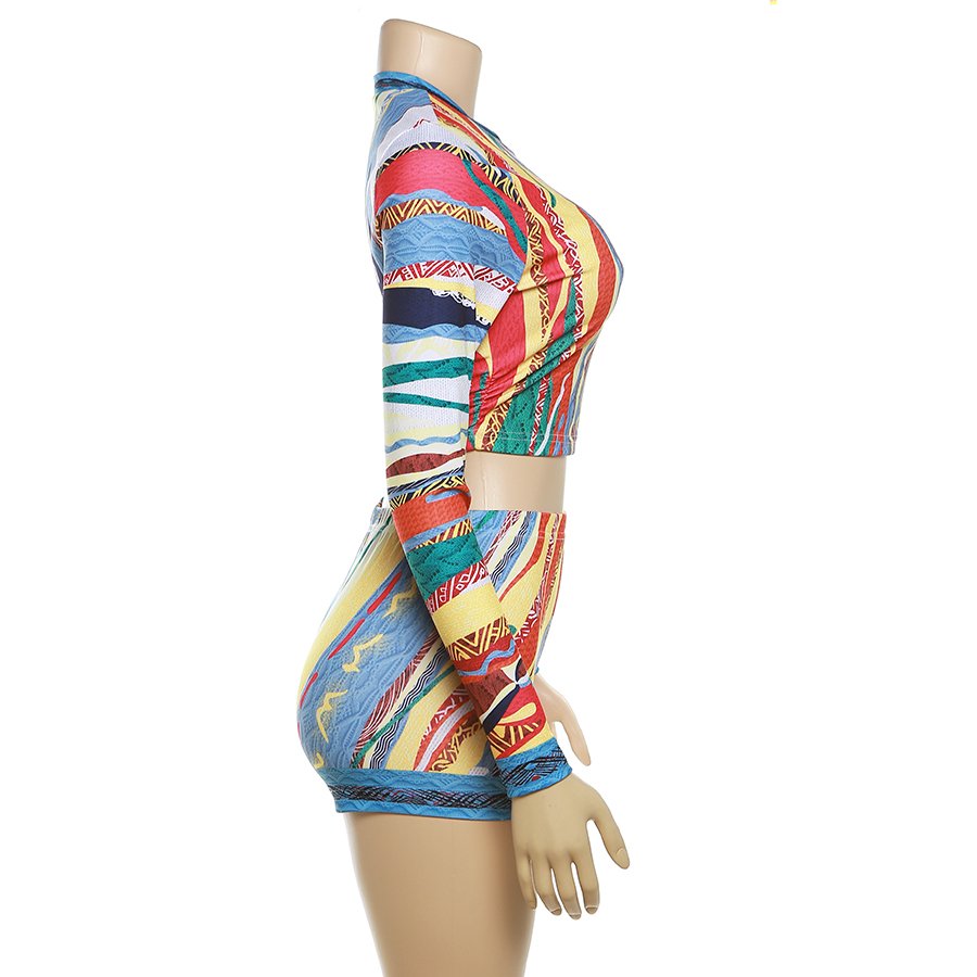 Peeqi K23S34425 Colorful Panelled Print Full Sleeve Crop Tees+Slim Shorts 2 Piece Set Women Coordinate Autumn Women's Sets