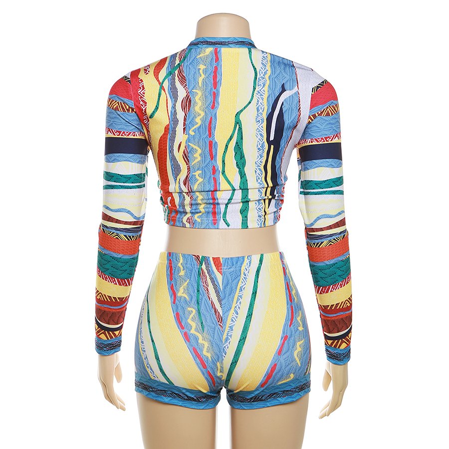 Peeqi K23S34425 Colorful Panelled Print Full Sleeve Crop Tees+Slim Shorts 2 Piece Set Women Coordinate Autumn Women's Sets