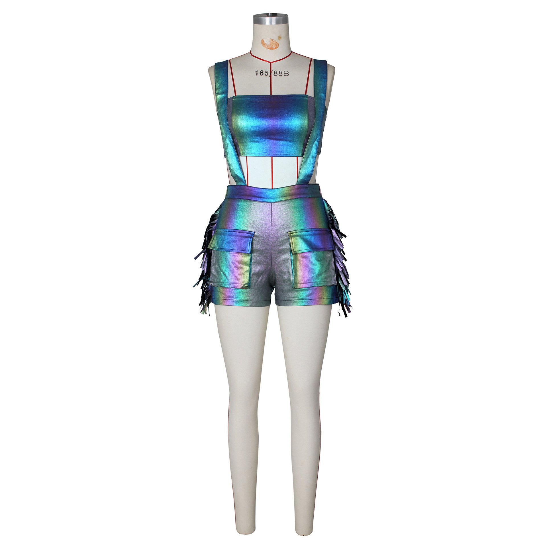2024 Shiny metal with fringe shorts and halter top two 2-piece set Sexy women elegant moderately sexy club party clothing
