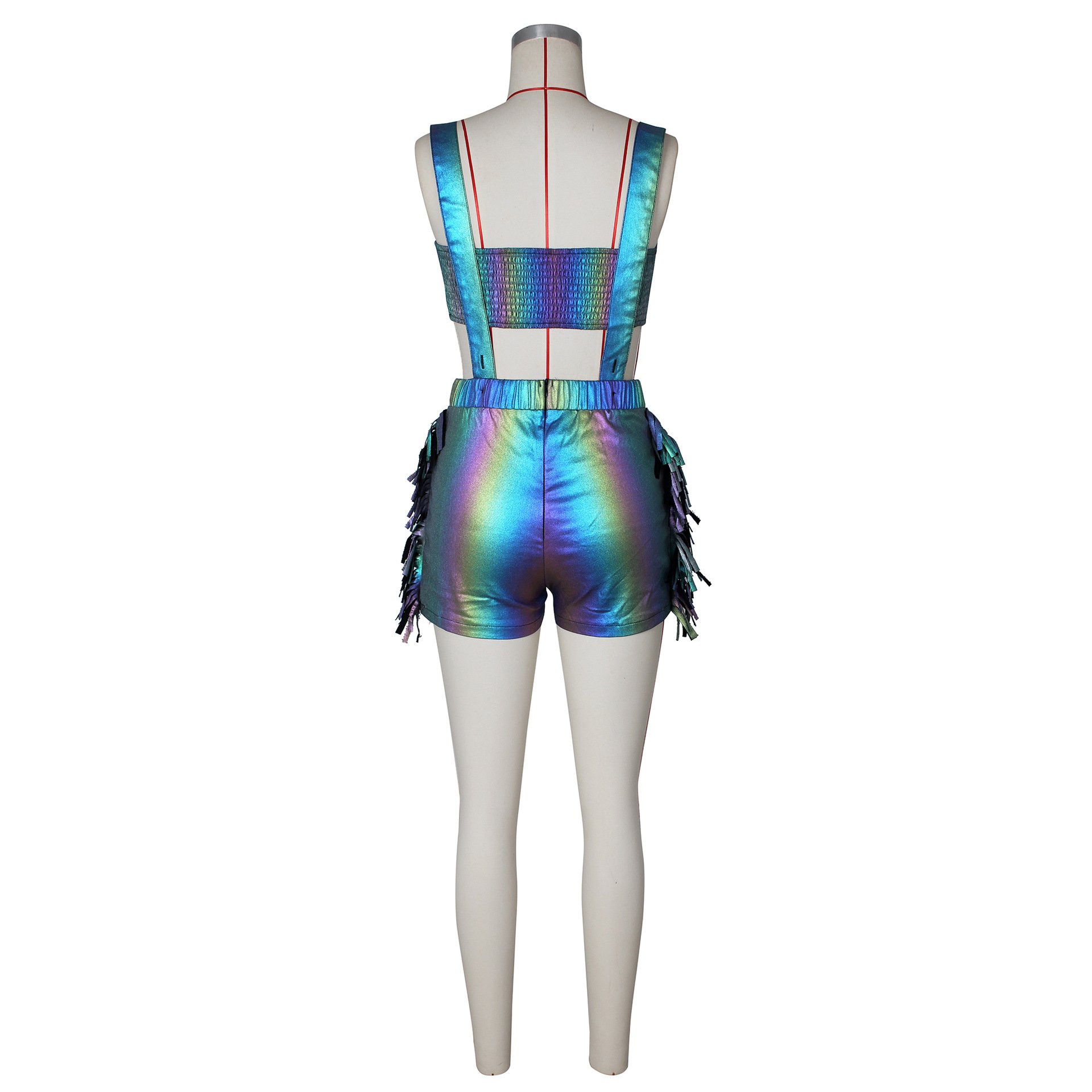 2024 Shiny metal with fringe shorts and halter top two 2-piece set Sexy women elegant moderately sexy club party clothing