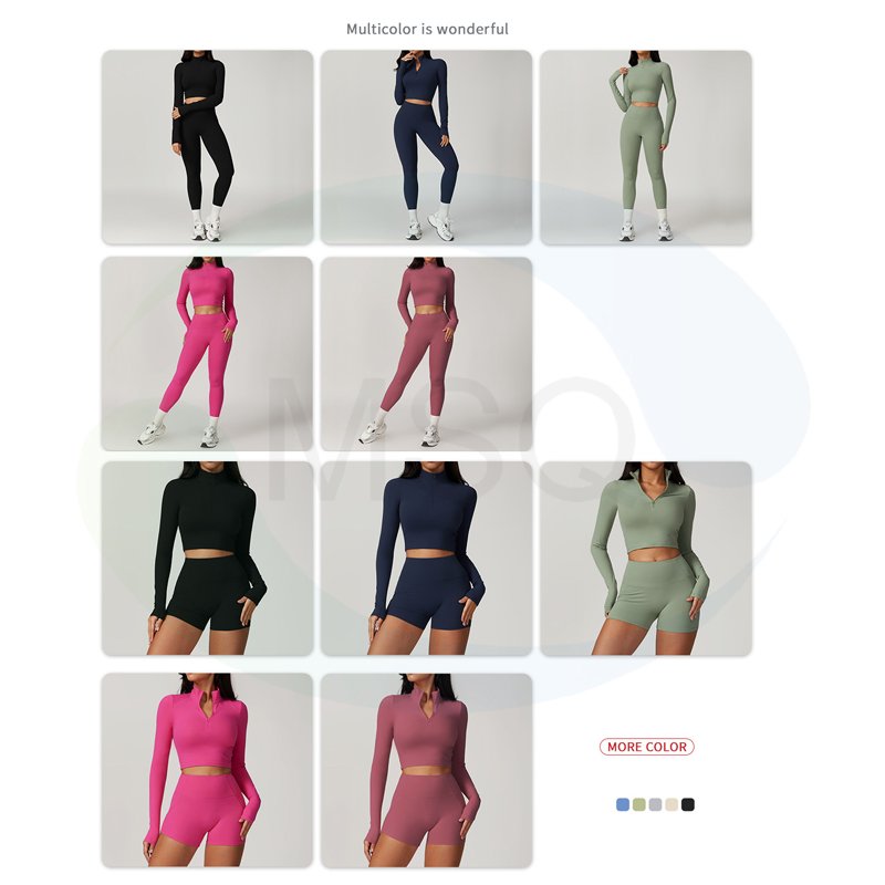 Custom women's sets Fitness Sportswear Long Sleeve Gym Jackets Workout leggings yoga shorts 3 Pcs Sets Activewear Set for women