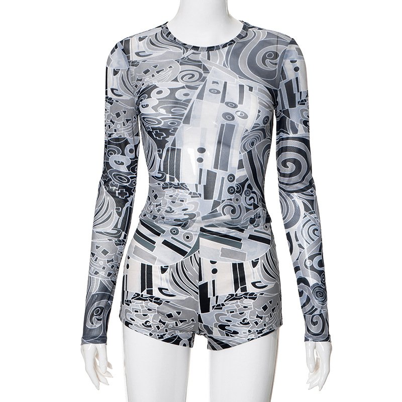 2025 Spring Fall Women's Outfits Mesh Print Crop Shirt And Shorts 2 Piece Loungewear Y2K Sexy Two Piece Mesh Sets Women Clothing