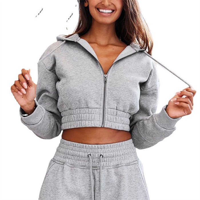 Wholesale Streetwear Women's 2 piece Zipper Hoodie Joggers Tracksuit Cropped Set Custom Gym Plus Size tracksuit for women