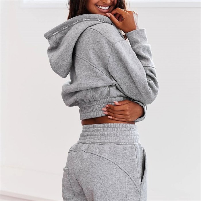 Wholesale Streetwear Women's 2 piece Zipper Hoodie Joggers Tracksuit Cropped Set Custom Gym Plus Size tracksuit for women