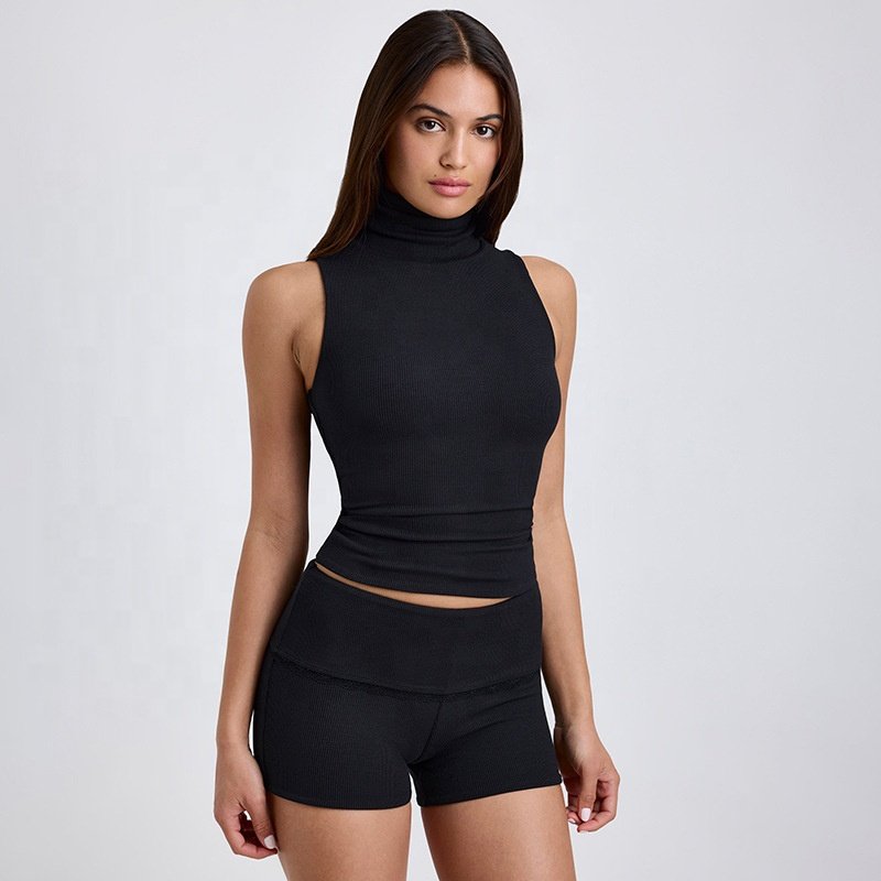 JY new summer stand collar sleeveless crop top and short pants 2 piece set solid bodycon casual fashion women's set