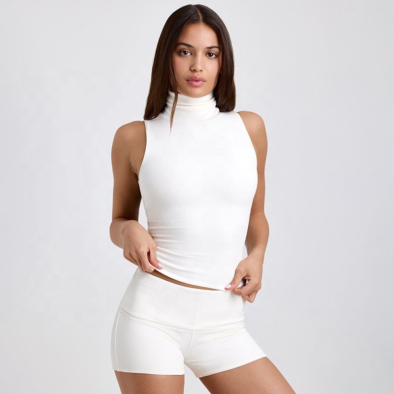 JY new summer stand collar sleeveless crop top and short pants 2 piece set solid bodycon casual fashion women's set