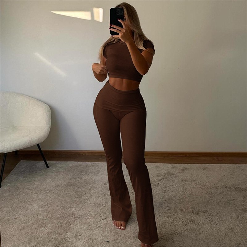 Women's Fashion Velvet Knitted Pants Sets Solid Color O Neck Short Sleeve Crop Top and Wide Leg Pants Two Piece Lounge Wear