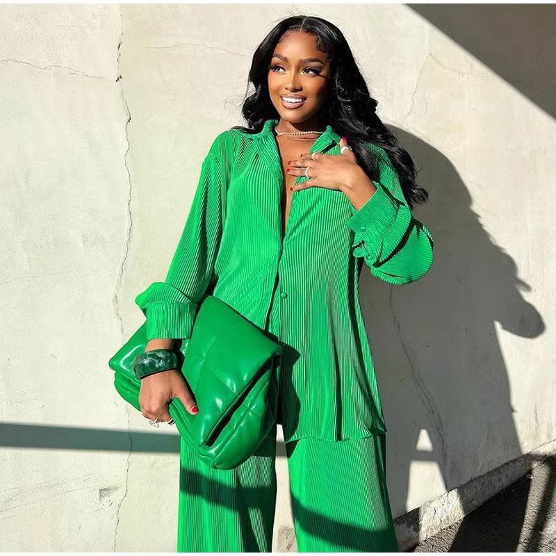 Trendy lounge wear two piece set women clothing pleated co ord set loose straight leg pants set with button down