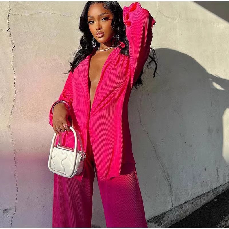 Trendy lounge wear two piece set women clothing pleated co ord set loose straight leg pants set with button down