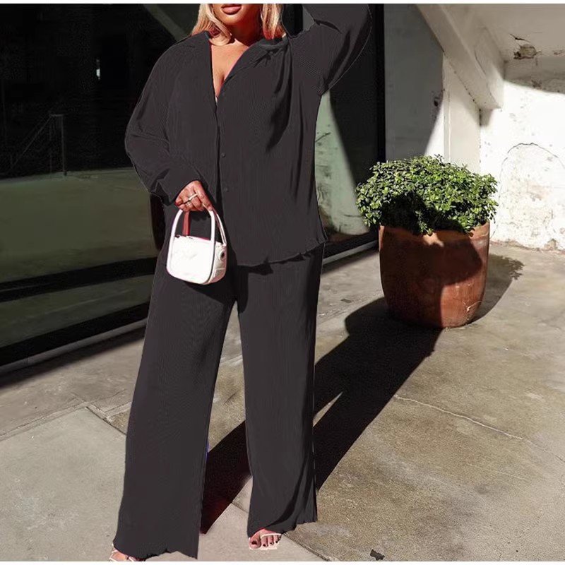 Trendy lounge wear two piece set women clothing pleated co ord set loose straight leg pants set with button down