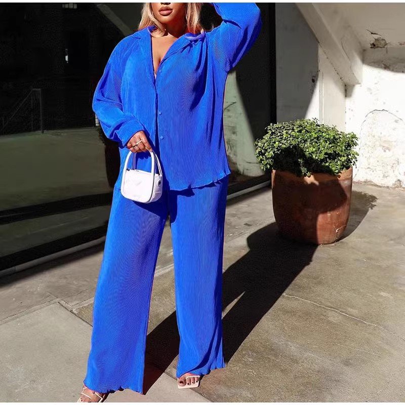 Trendy lounge wear two piece set women clothing pleated co ord set loose straight leg pants set with button down