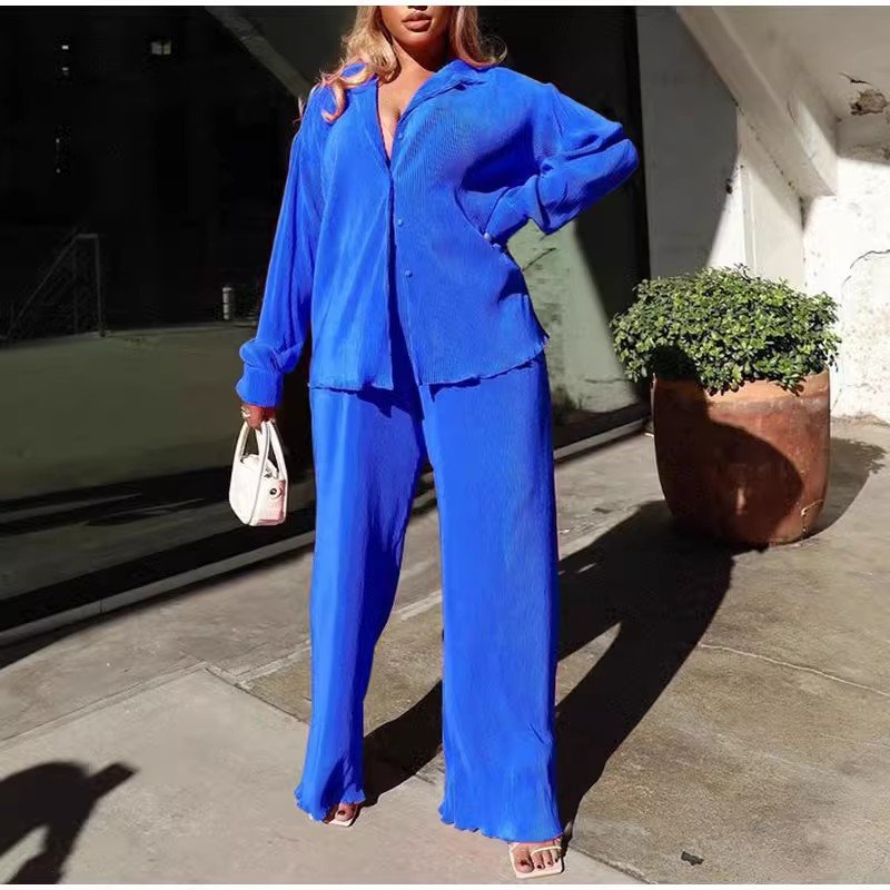 Trendy lounge wear two piece set women clothing pleated co ord set loose straight leg pants set with button down