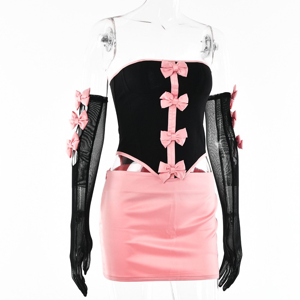 New Trendy Women's Skirt Set Bow Bandage Crop Top+Mini Skirt+Mesh Gloves Matching Sets Sexy 3 Piece Skirt Sets Women Clothing