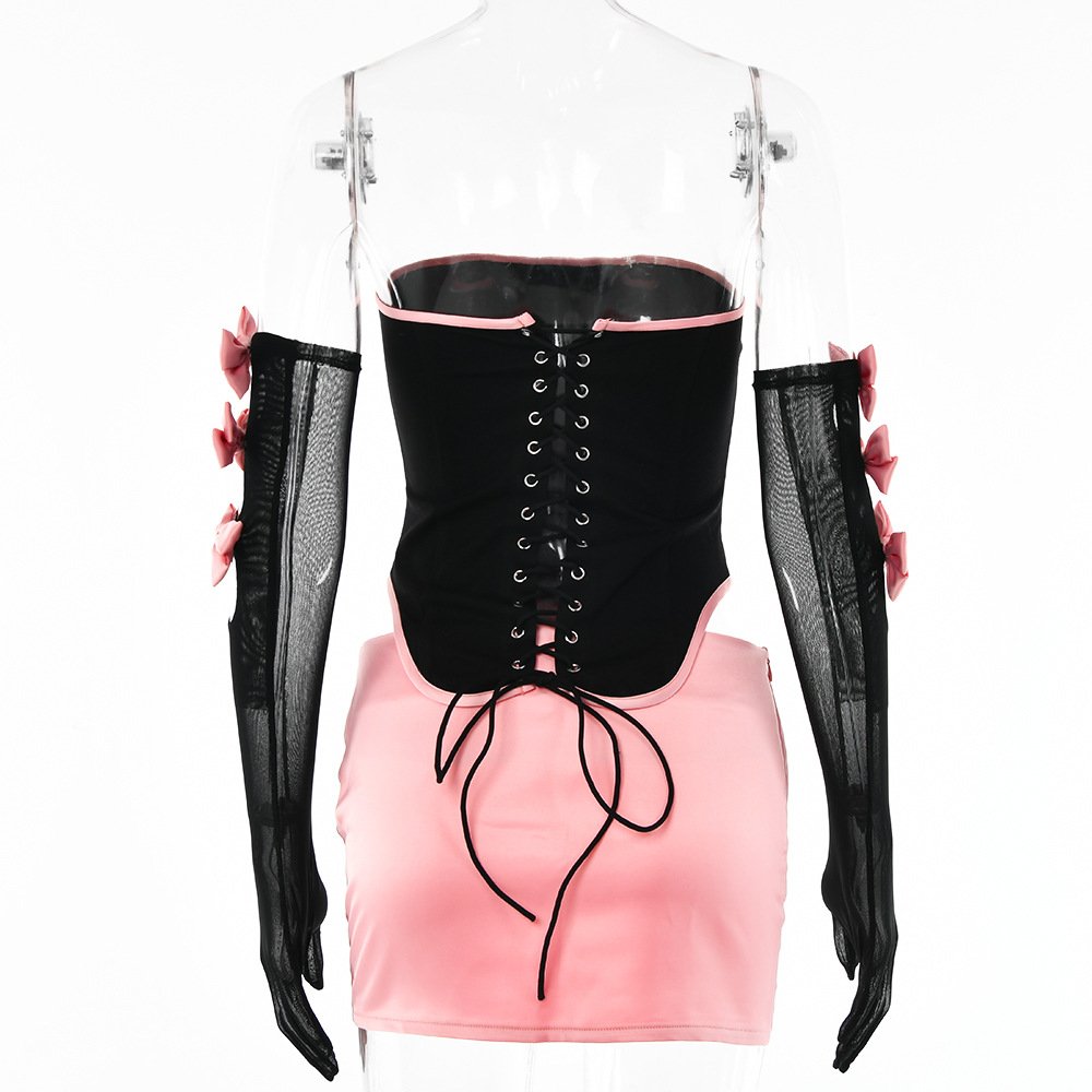 New Trendy Women's Skirt Set Bow Bandage Crop Top+Mini Skirt+Mesh Gloves Matching Sets Sexy 3 Piece Skirt Sets Women Clothing