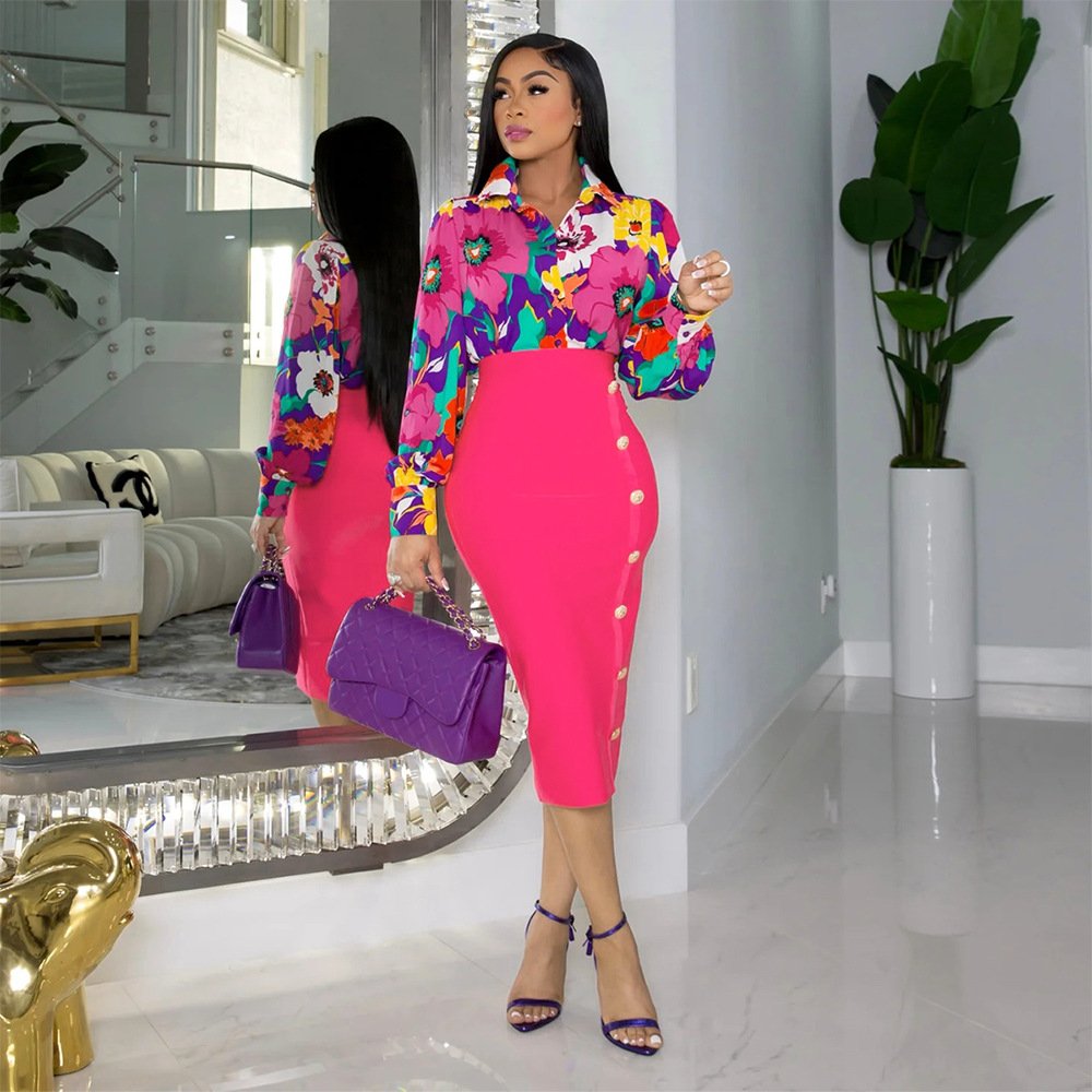 women clothing dresses lady elegant casual office print shirt sexy slim fitting hip skirt two piece women's skirts sets