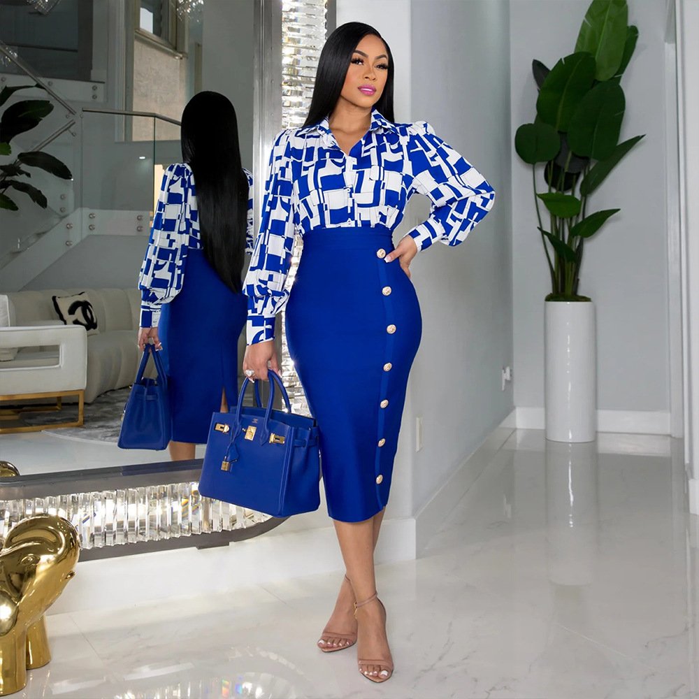 women clothing dresses lady elegant casual office print shirt sexy slim fitting hip skirt two piece women's skirts sets