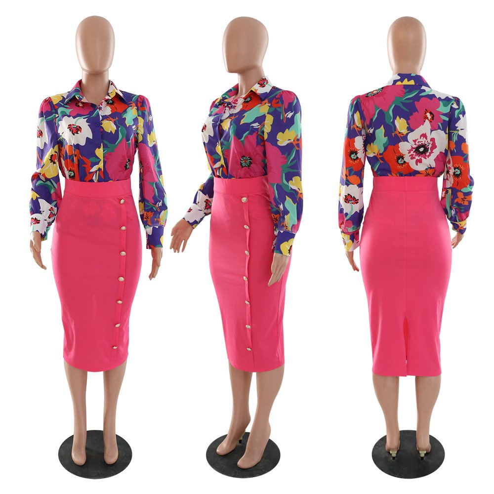women clothing dresses lady elegant casual office print shirt sexy slim fitting hip skirt two piece women's skirts sets