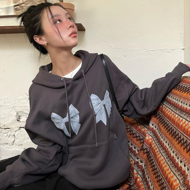 2023 High Quality Custom Bows Printed Oversized Pullover Streetwear Women's Hoodies & Sweatshirts