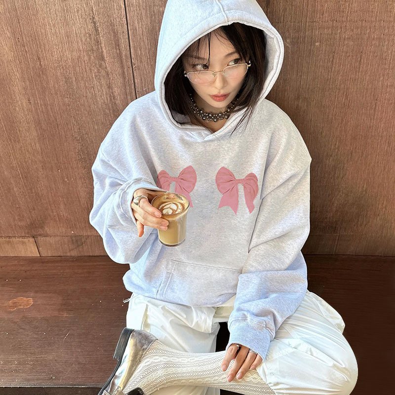 2023 High Quality Custom Bows Printed Oversized Pullover Streetwear Women's Hoodies & Sweatshirts