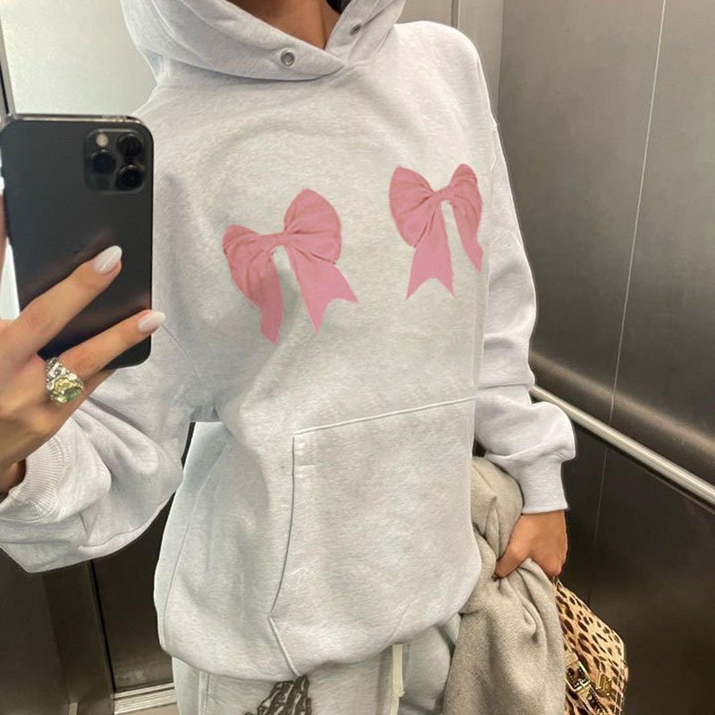 2023 High Quality Custom Bows Printed Oversized Pullover Streetwear Women's Hoodies & Sweatshirts