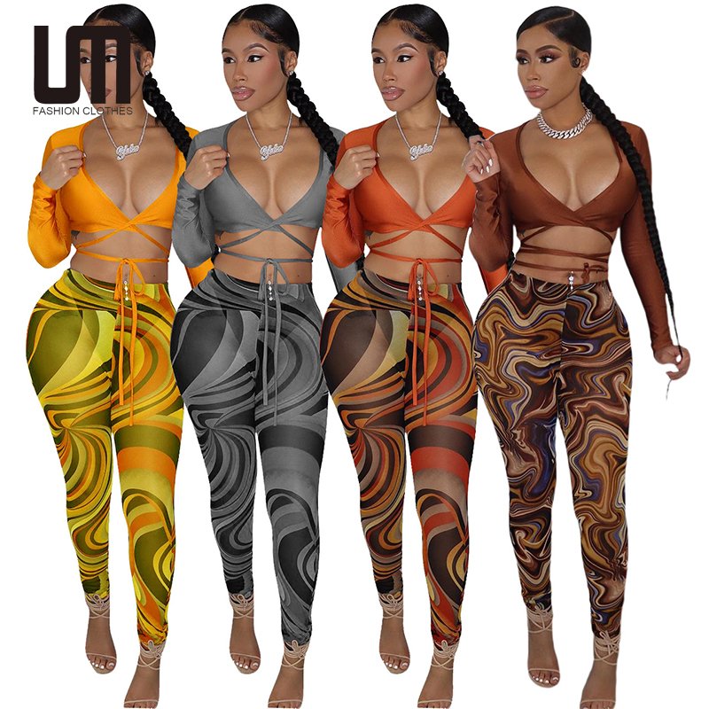 Liu Ming Fall Women Clothes Mesh See Through Sexy 2 Two Piece Club Outfits Long Sleeve Crop Tops Print Pants Set