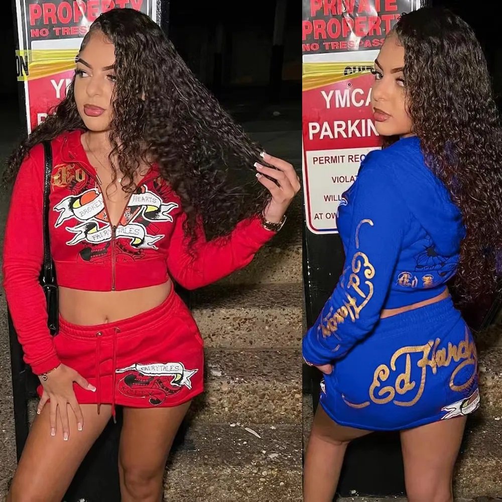 Cute Fall 2 Piece Set Women's Hardy Letter Print Sweatsuit Zipper Hoodie Crop Top and Drawstring Skirt Two Piece Skirts Sets