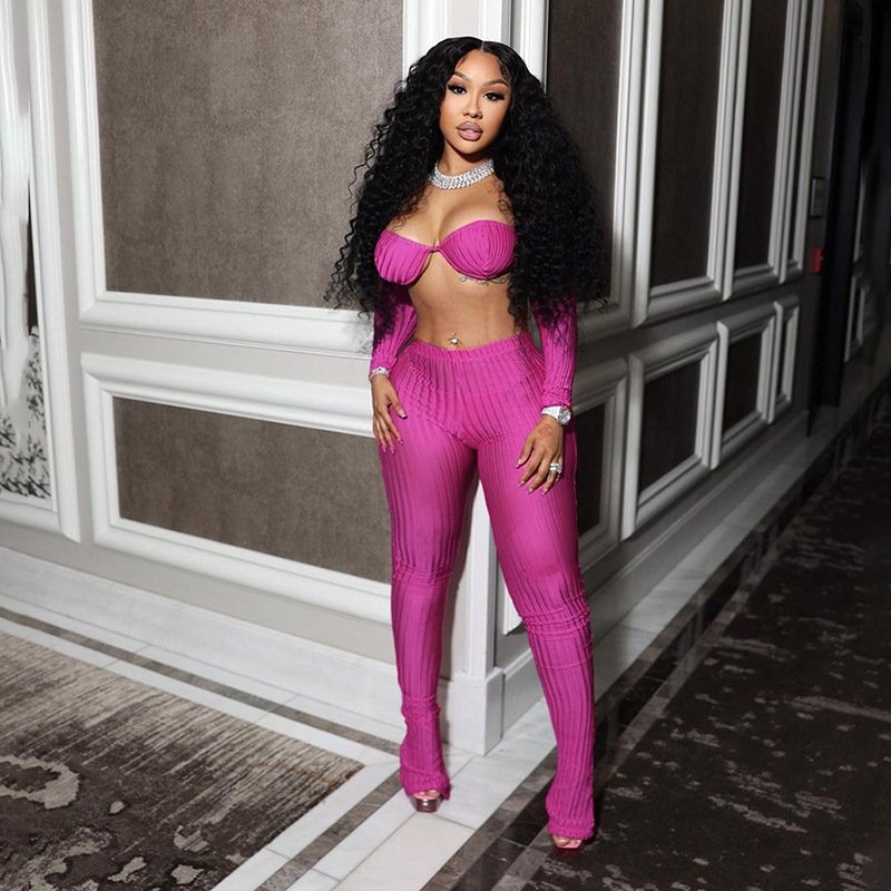 Peeqi K24S47141 clubwear summer women's set neon solid woven long sleeve low cut crop tank top bodycon sexy pants two pieces set