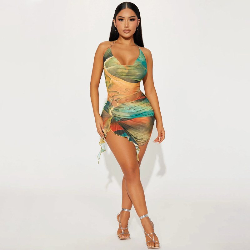Women's 2024 summer new fashion print sexy backless lace-up dress foreign trade wholesale