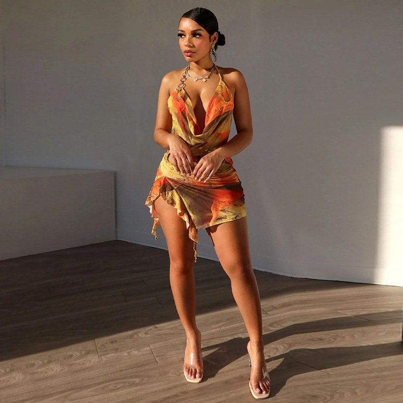 Women's 2024 summer new fashion print sexy backless lace-up dress foreign trade wholesale