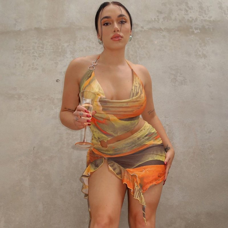 Women's 2024 summer new fashion print sexy backless lace-up dress foreign trade wholesale