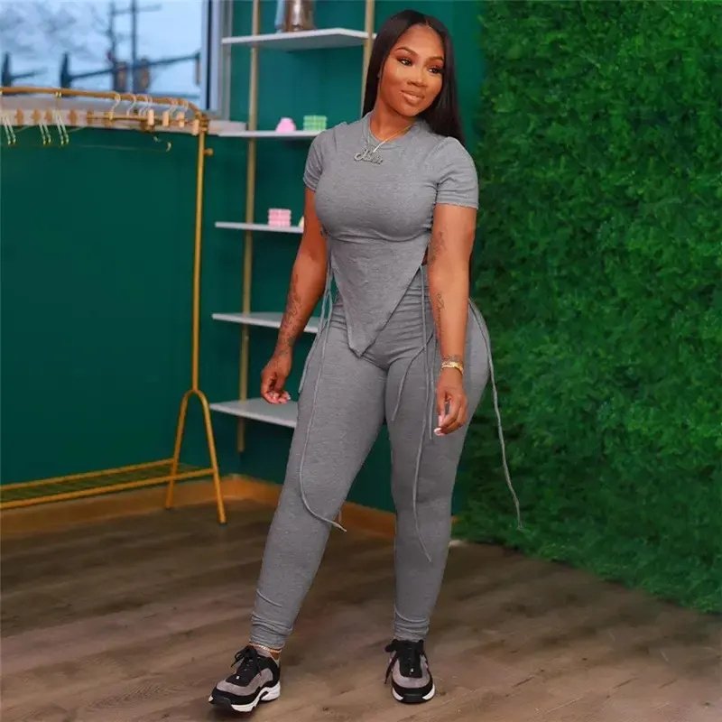 2023 new arrivals color slim fit figure dropshipping short sleeve top high waist tight women's sets
