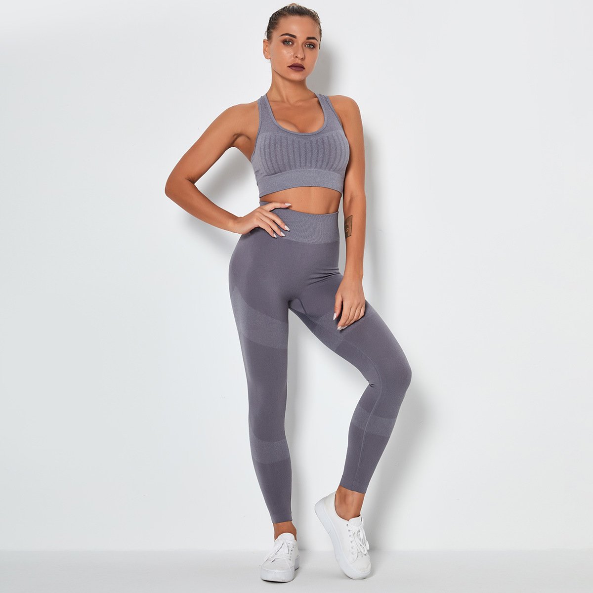 Fitness Clothing Top Women'S Tracksuit Gym Sportswear Set Yoga Kit Overalls Ribbed Leggings Bra Pants Outdoors