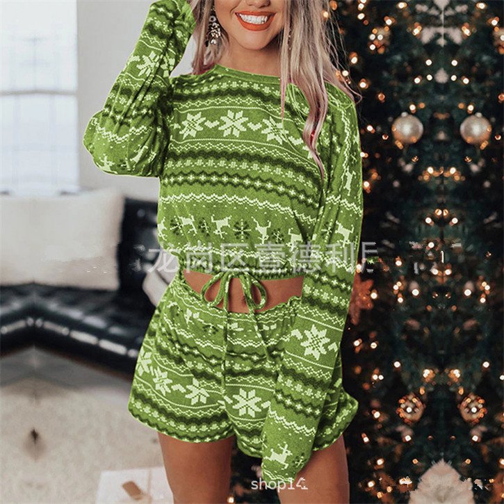 2024 new women christmas clothes hoodie set velvet long sleeve sweatshirt and shorts two piece sets green casual lounge wear set