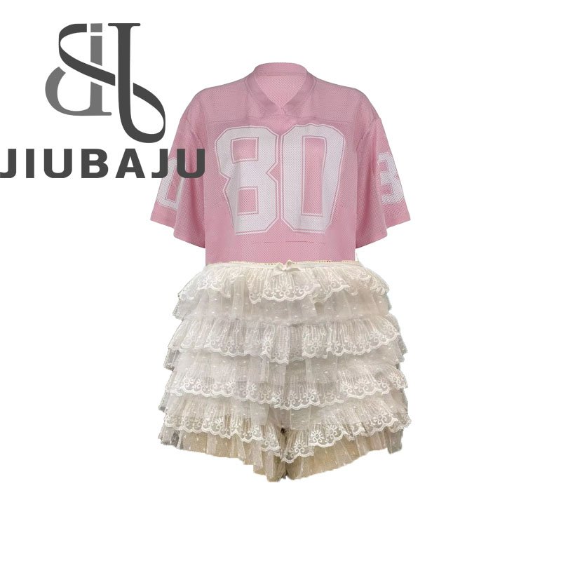 2 Piece Set Women Sexy Short Sleeve V Neck Jerry Tshirt Top+Lace Ruffle Shorts Outfits