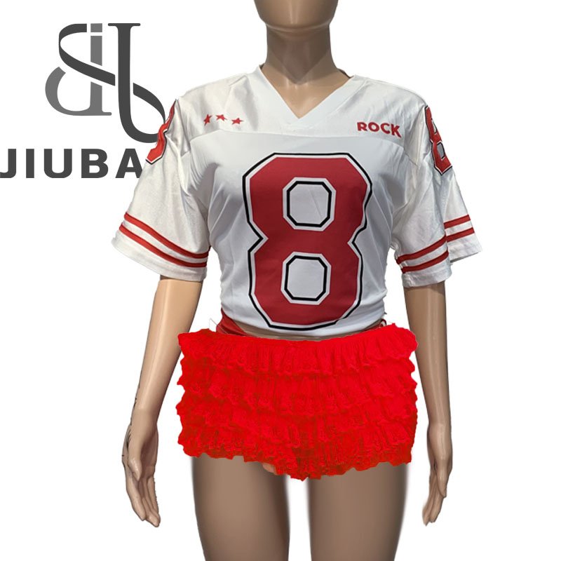2 Piece Set Women Sexy Short Sleeve V Neck Jerry Tshirt Top+Lace Ruffle Shorts Outfits