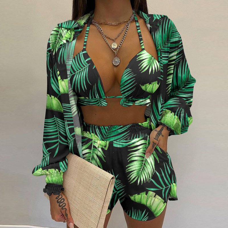 2024 Women's Sexy Three-piece Suit High Waist Shorts Flora Print Summer Beach Fashion 2 Piece Short Set with Cardigan Shirt
