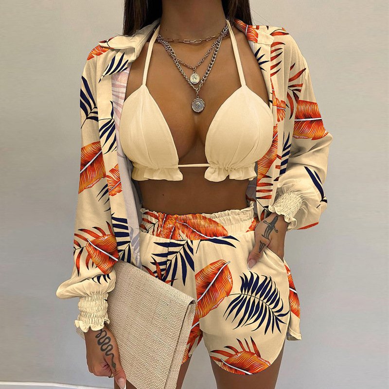 2024 Women's Sexy Three-piece Suit High Waist Shorts Flora Print Summer Beach Fashion 2 Piece Short Set with Cardigan Shirt