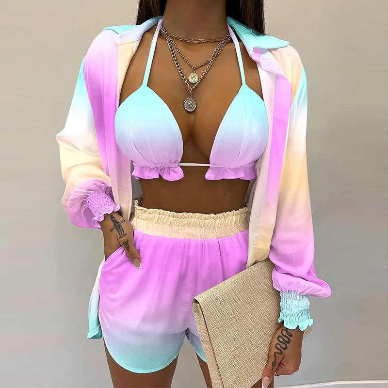 2024 Women's Sexy Three-piece Suit High Waist Shorts Flora Print Summer Beach Fashion 2 Piece Short Set with Cardigan Shirt