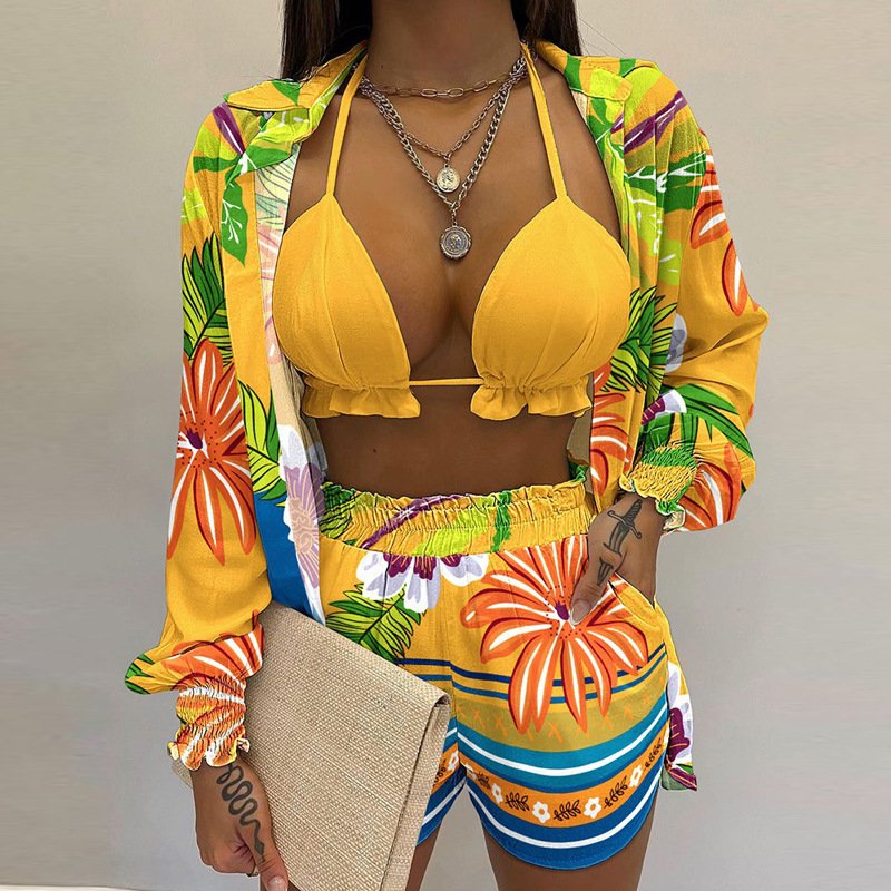 2024 Women's Sexy Three-piece Suit High Waist Shorts Flora Print Summer Beach Fashion 2 Piece Short Set with Cardigan Shirt