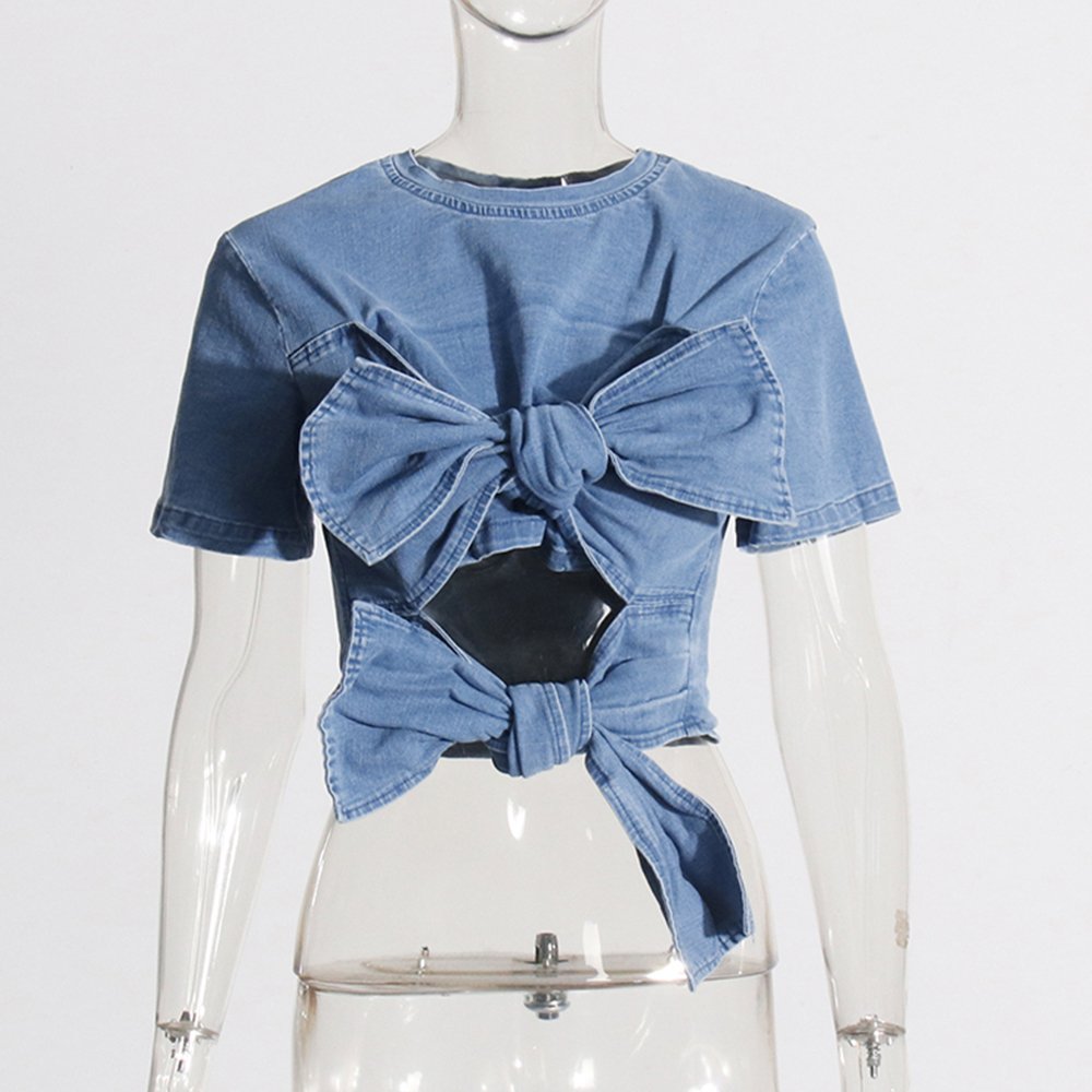 TWOTWINSTYLE New Trend Ladies Two Piece Skirt Set Short Denim Bow Hollow Women Sets Casual Two Piece Sets