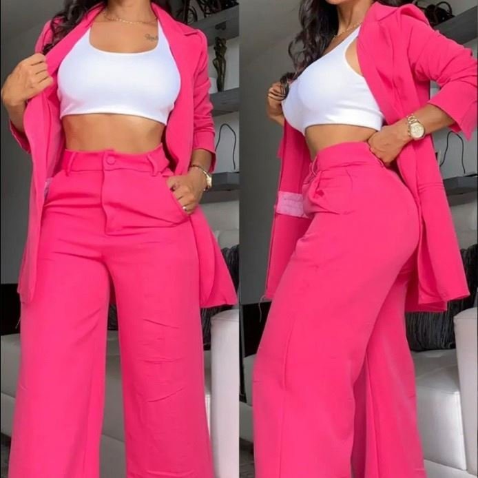 women clothes lady elegant solid color slit sleeve lapel coat slip pocket straight leg pants blazers suit two piece women's sets