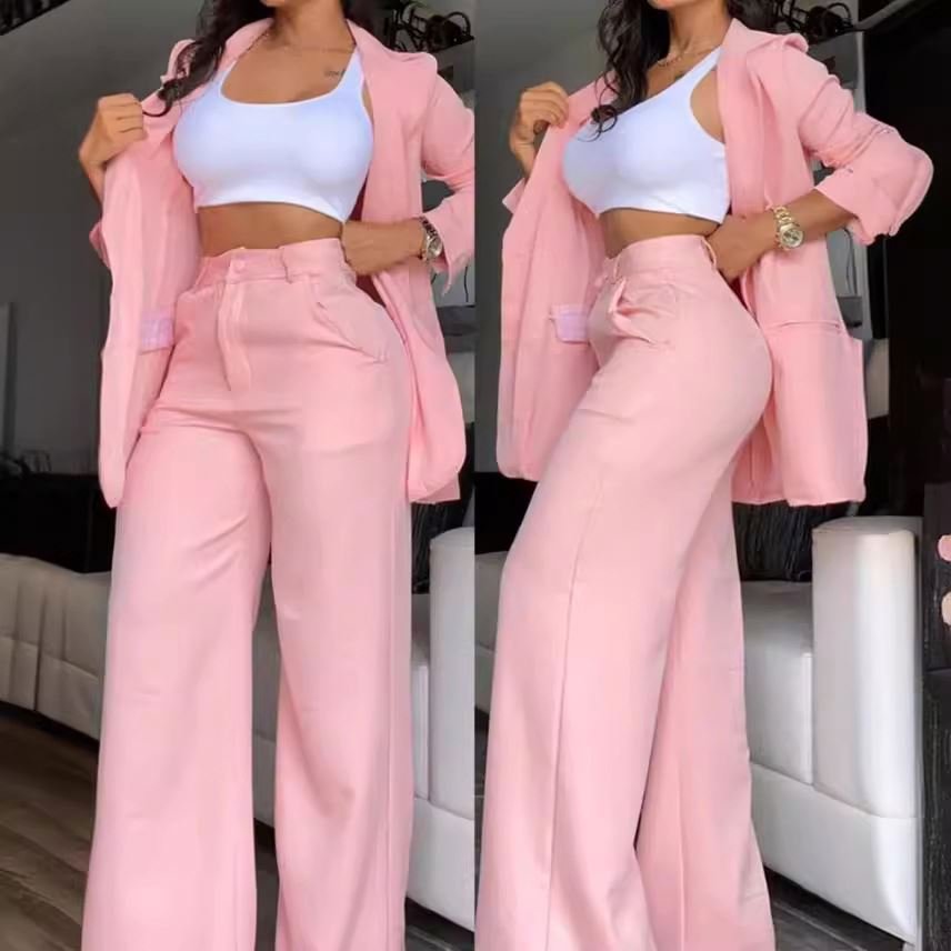 women clothes lady elegant solid color slit sleeve lapel coat slip pocket straight leg pants blazers suit two piece women's sets