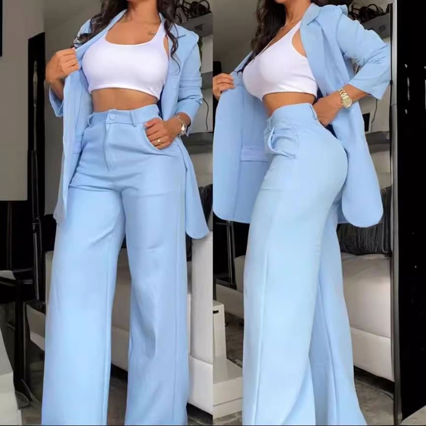 women clothes lady elegant solid color slit sleeve lapel coat slip pocket straight leg pants blazers suit two piece women's sets