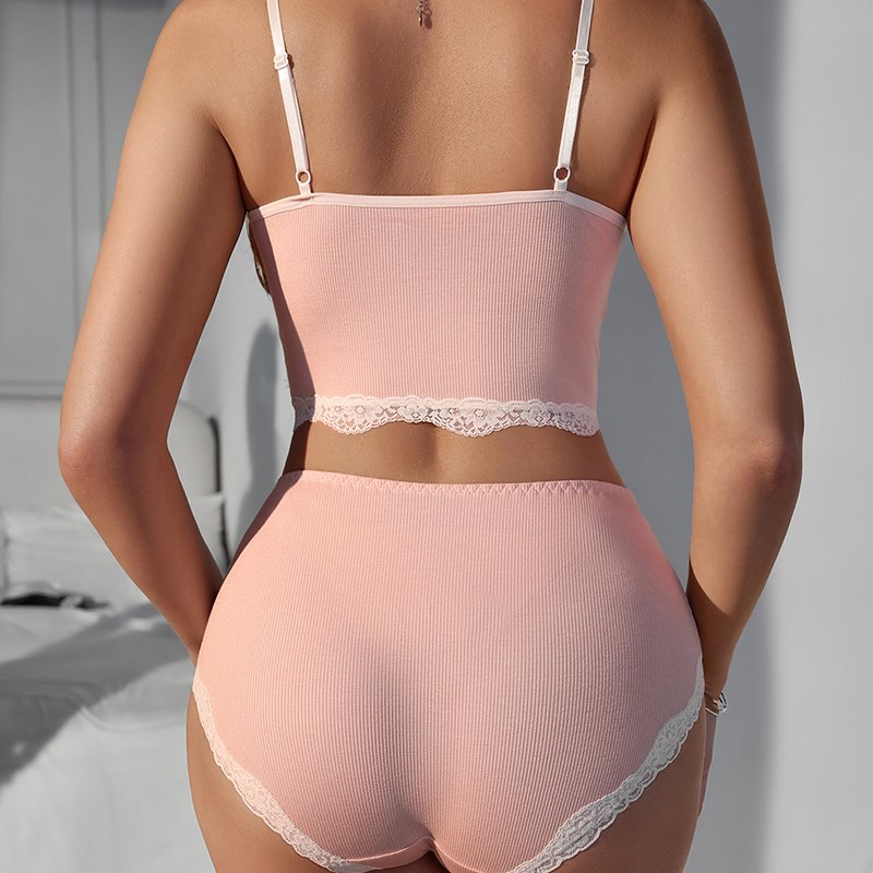 Wholesale lace silk slim high elastic v-neck mid-waist Cotton Tank Top Pants and Bra women's panties underwear set