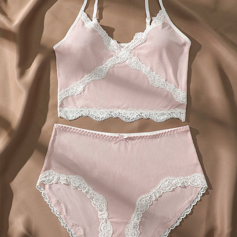Wholesale lace silk slim high elastic v-neck mid-waist Cotton Tank Top Pants and Bra women's panties underwear set
