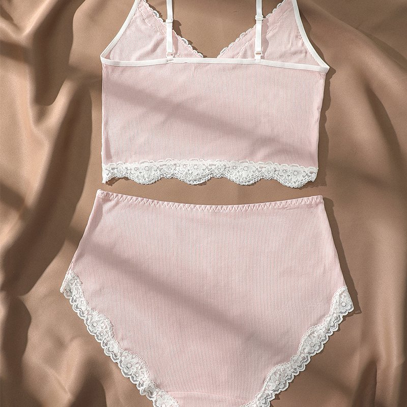 Wholesale lace silk slim high elastic v-neck mid-waist Cotton Tank Top Pants and Bra women's panties underwear set