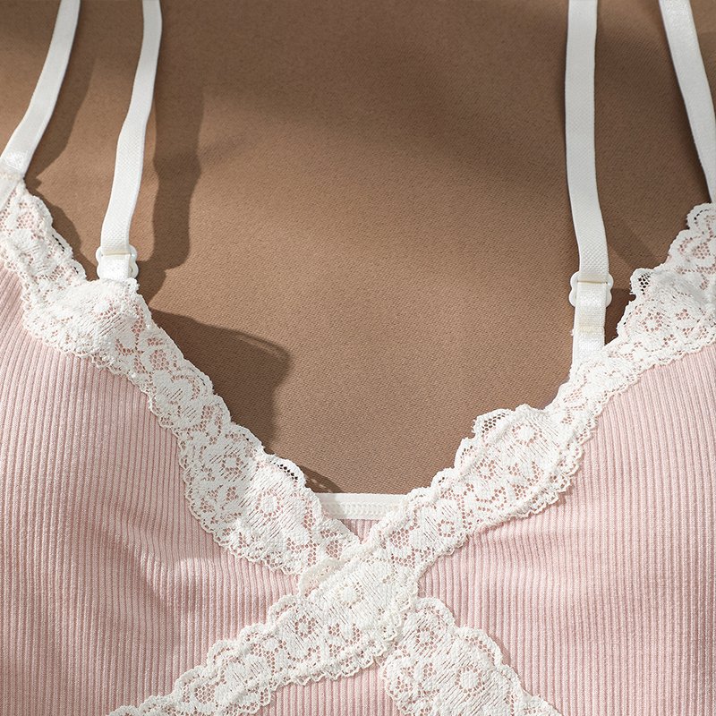 Wholesale lace silk slim high elastic v-neck mid-waist Cotton Tank Top Pants and Bra women's panties underwear set