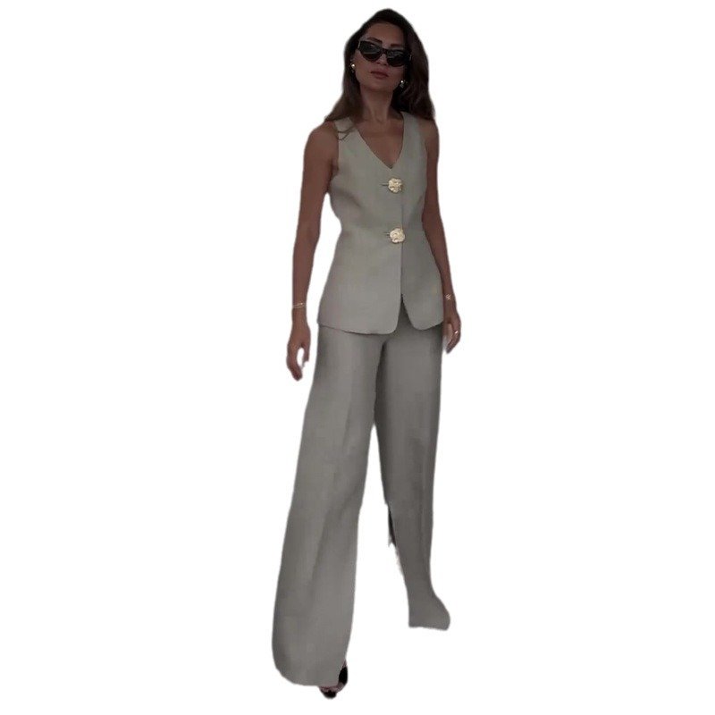 Boutique Wholesale 2024 Summer New Fashionable Solid Color Sleeveless Slim Fit Vest Temperament Commuting Pants Women's Set