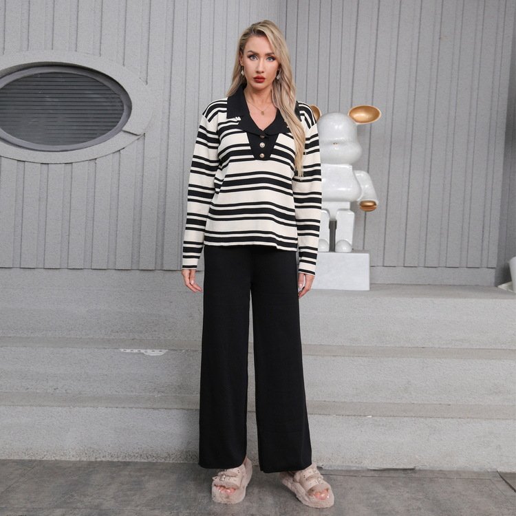 Boutique Wholesale 2024 Autumn New Fashion Striped Knitted Round Neck Sweater Wide Leg Pants Loose Women's Set